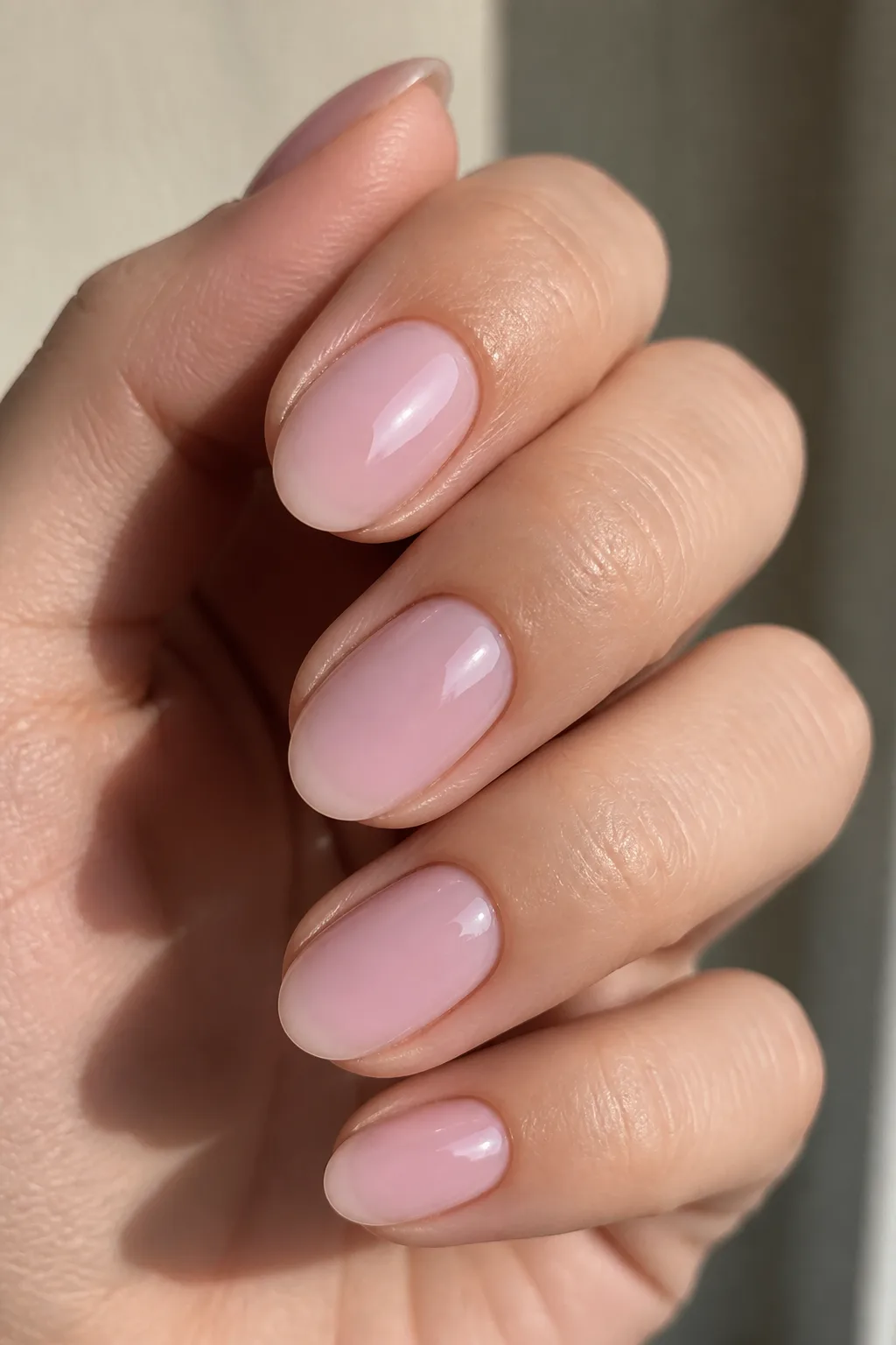 Short almond nails in glossy milky pink, the best nail shape for short fingers