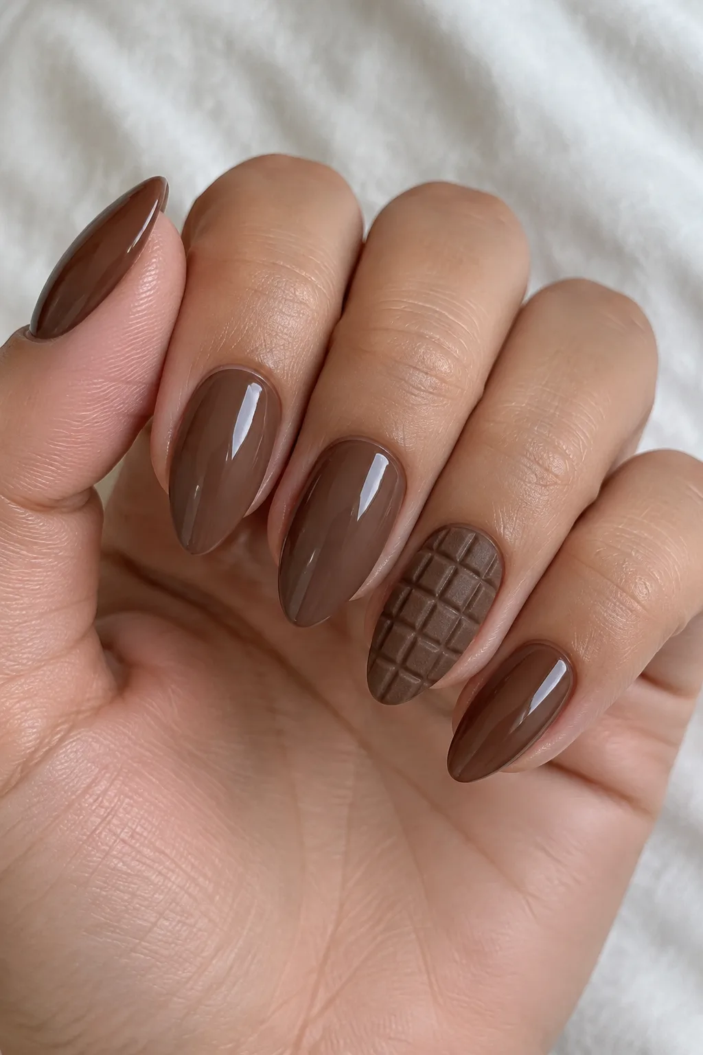 Milk chocolate brown almond nails with a chocolate bar grid pattern accent