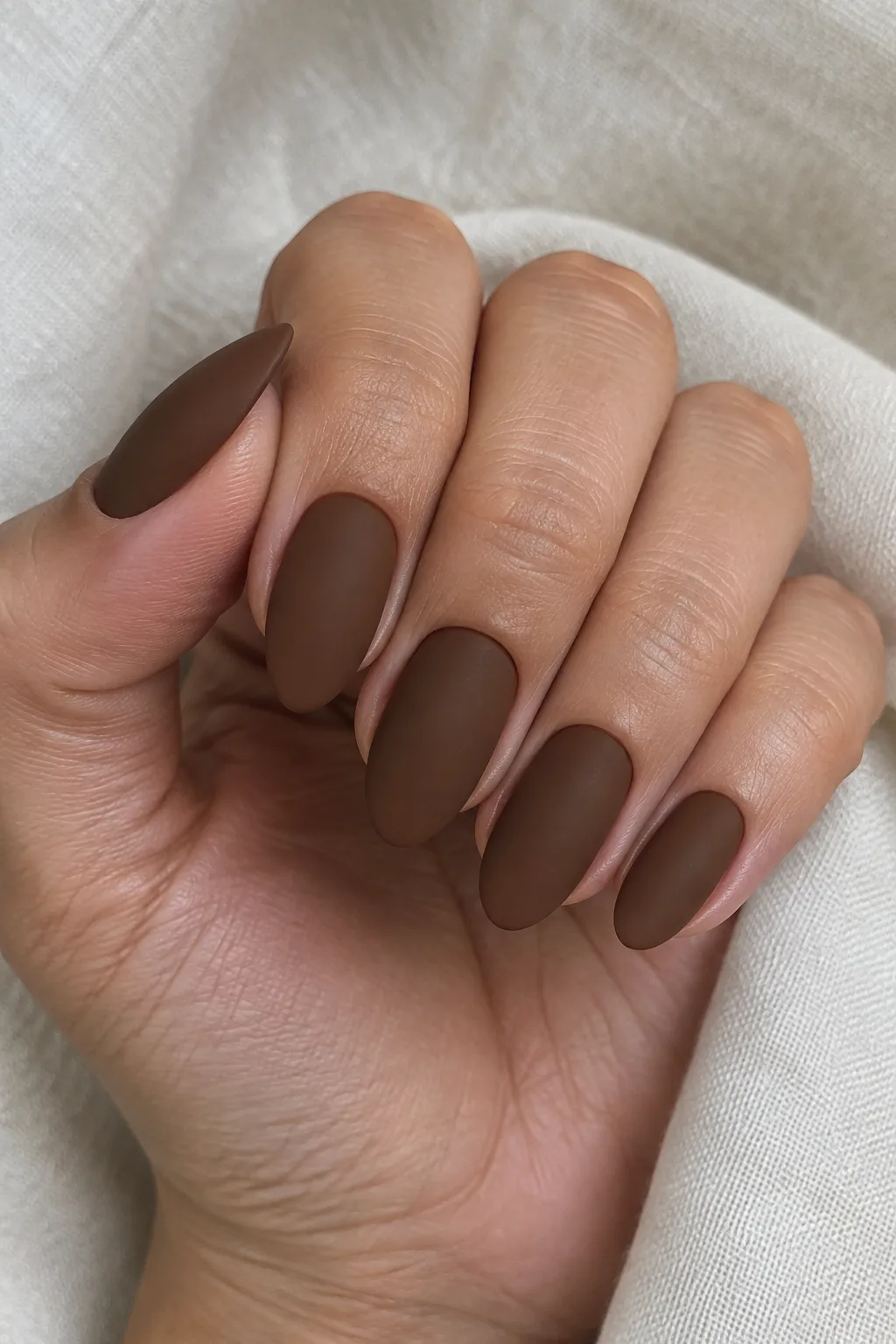 Velvet matte cocoa almond nails with a soft suede-like texture
