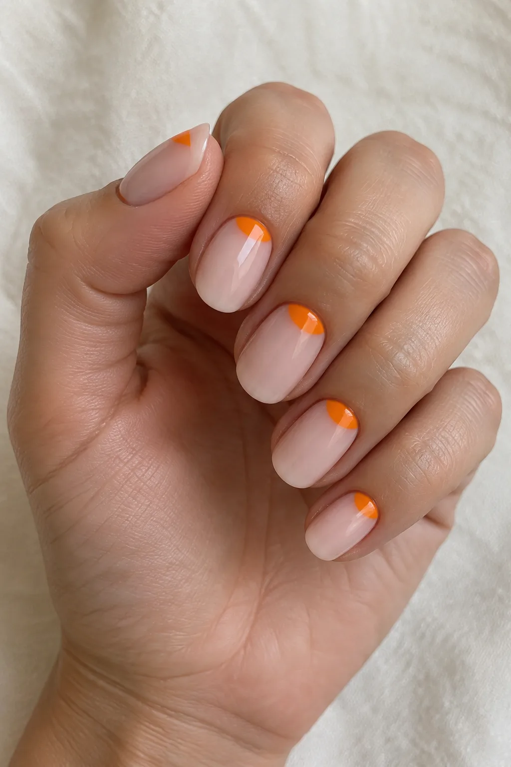 Tangerine reverse moon French tips on short oval nails with a glossy finish