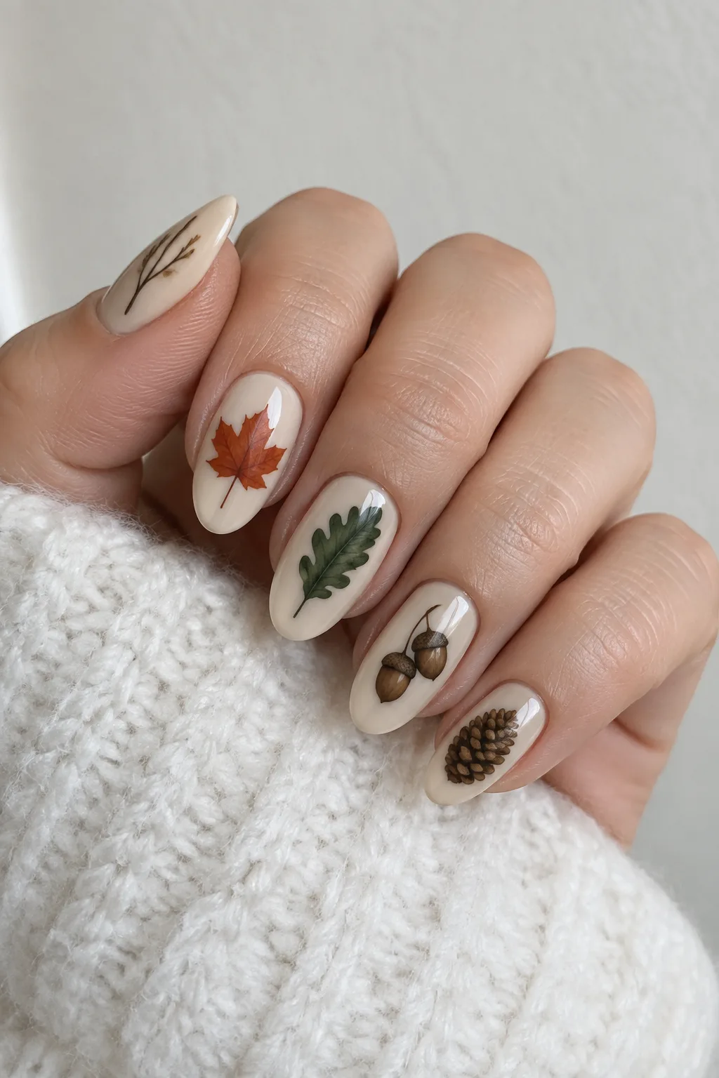 Forest green base with hand-painted fall leaf art in rust and gold tones