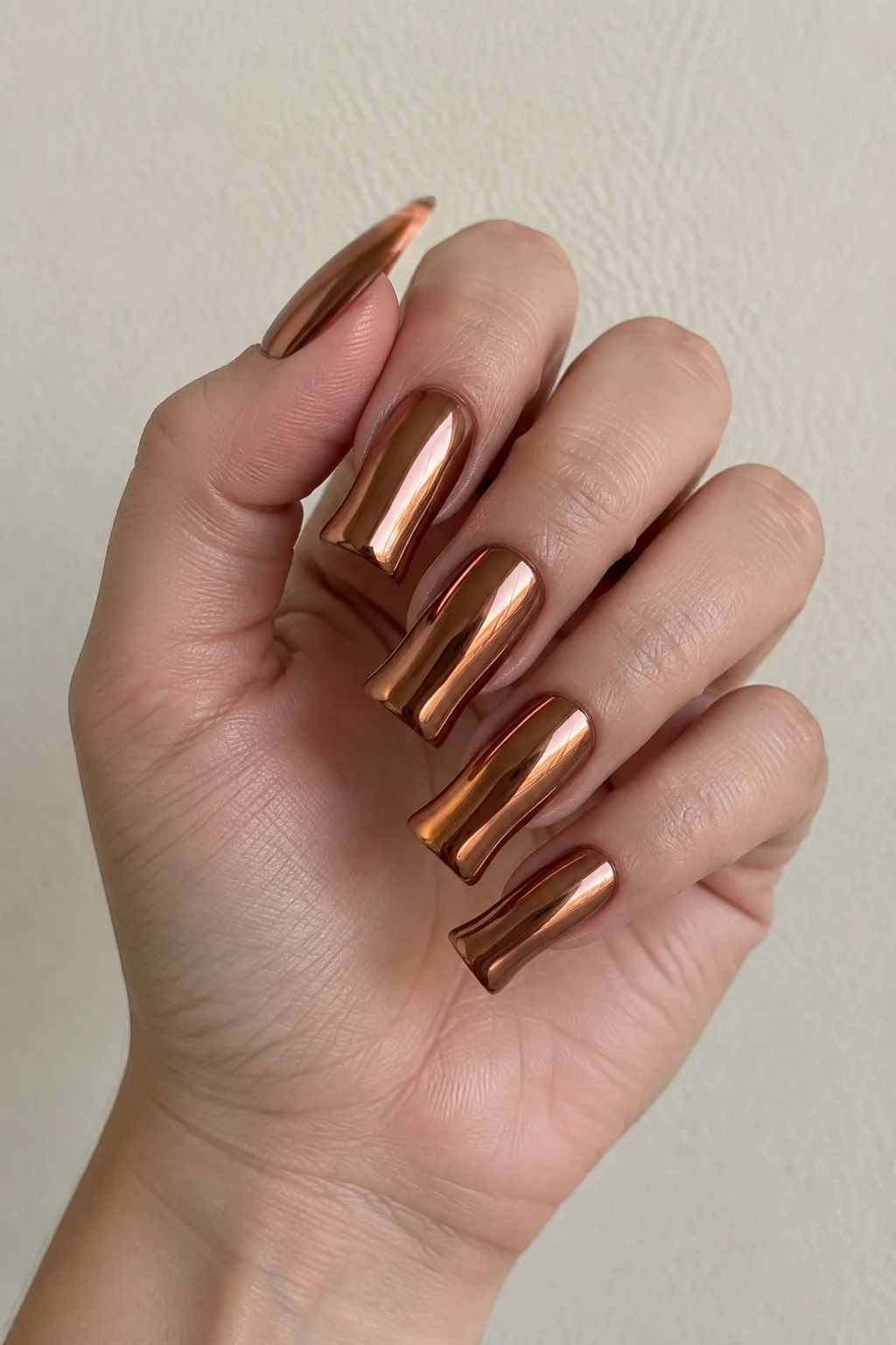 Copper penny chrome polish with a flared tip shape and reflective finish