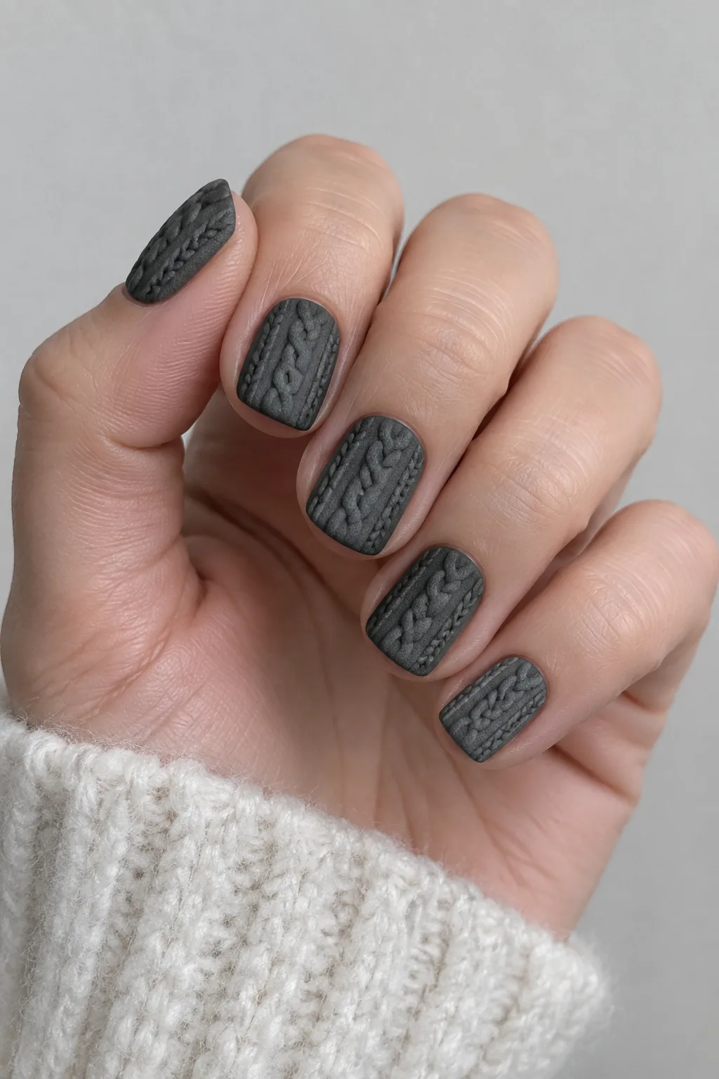 Gunmetal gray textured polish mimicking a knit sweater pattern on short nails