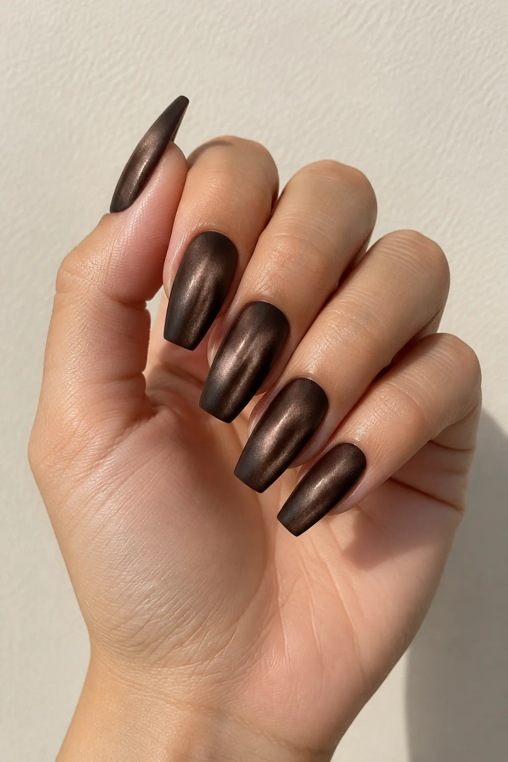 Espresso brown velvet-finish coffin nails with a soft matte suede texture