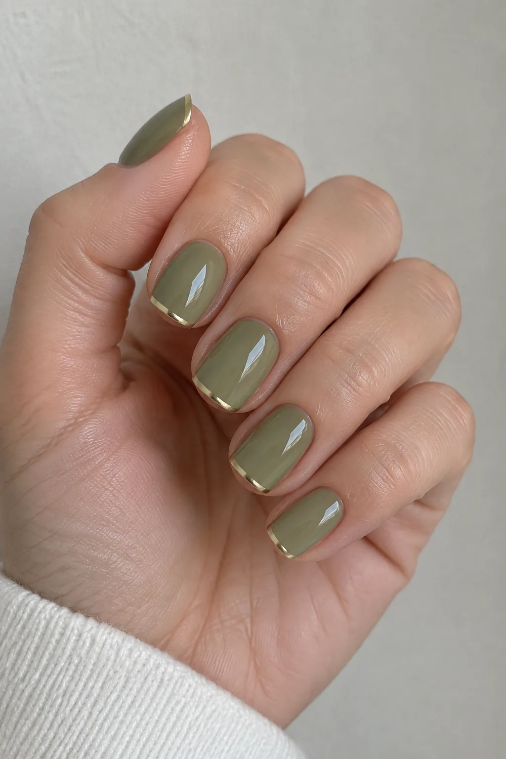 Matte olive green nails with metallic gold painted tips on an oval shape