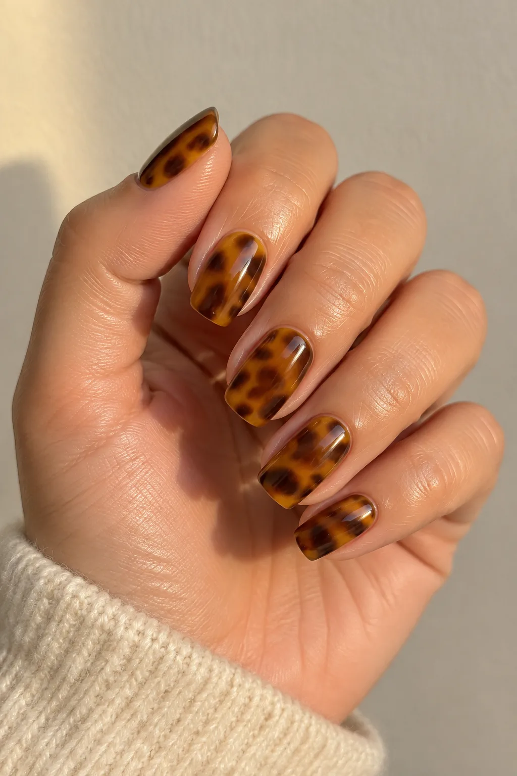 Toffee brown tortoiseshell print on squoval nails with amber and black accents