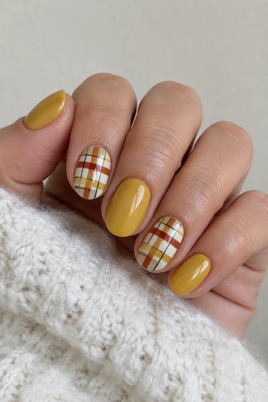 Mustard yellow plaid nail art mixed with solid accent nails on each hand