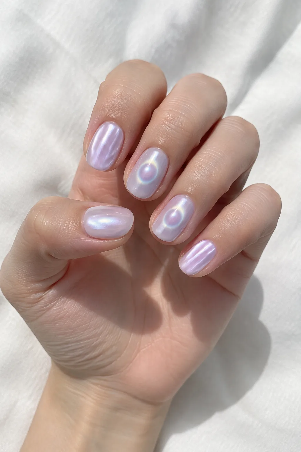 Lilac chrome manicure with soft aura swirls on short squoval nails for a glassy glazed donut look