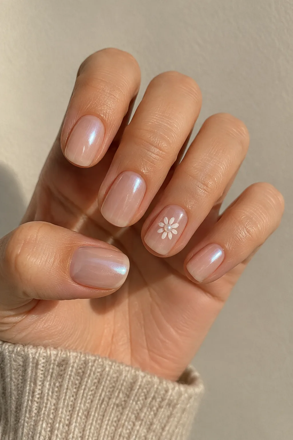 Nude glazed donut nails on short round nails with a tiny white daisy accent on one finger