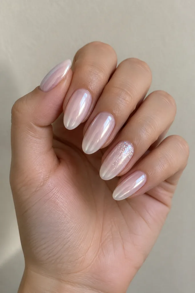Glazed donut nails what to ask for: pearl chrome over milky pink on short almond nails