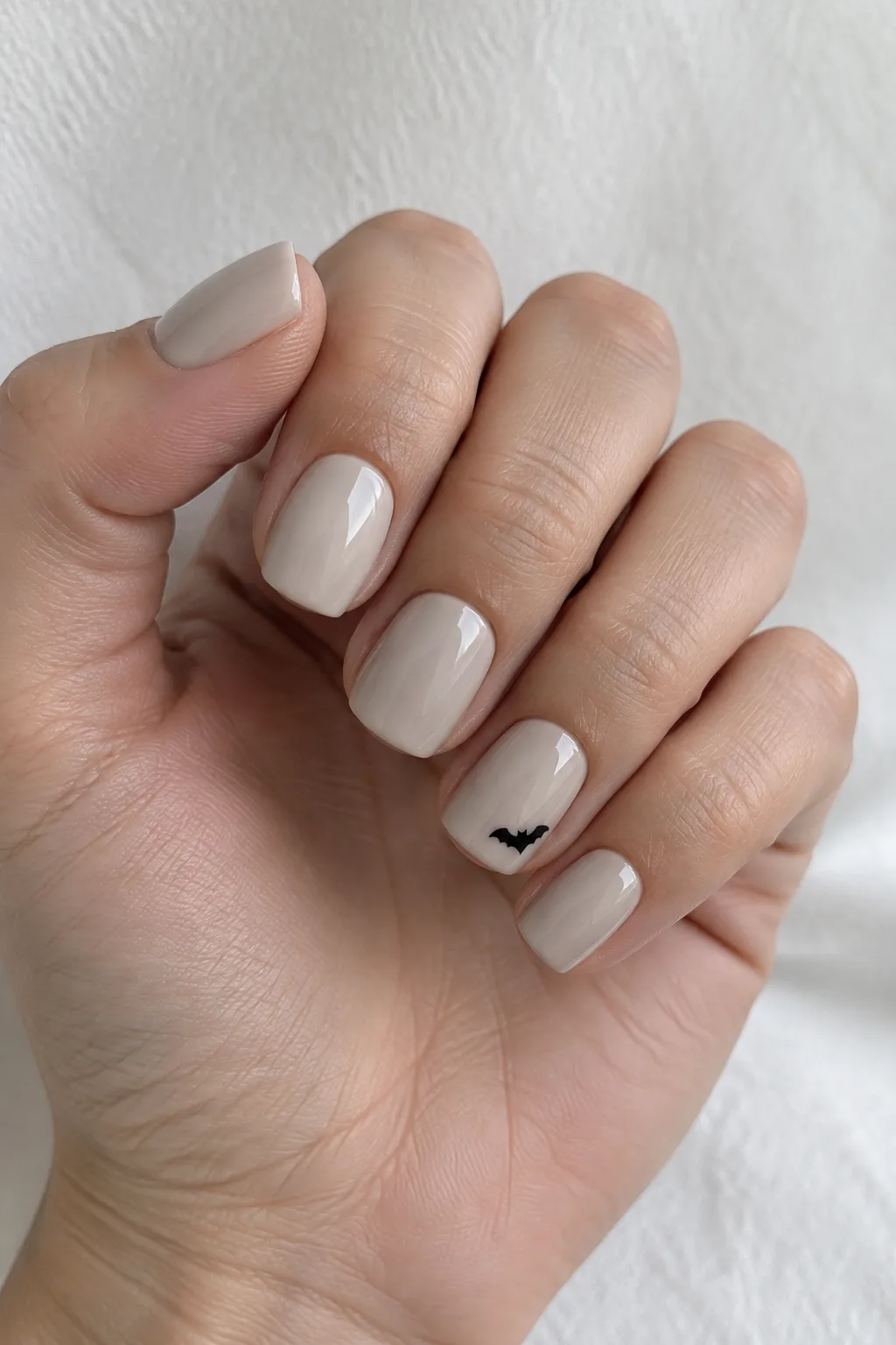 Milky greige squoval short nails with one tiny black bat silhouette accent tip