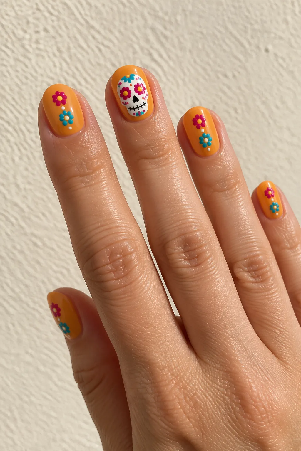 Marigold orange short oval nails decorated with sugar skull art