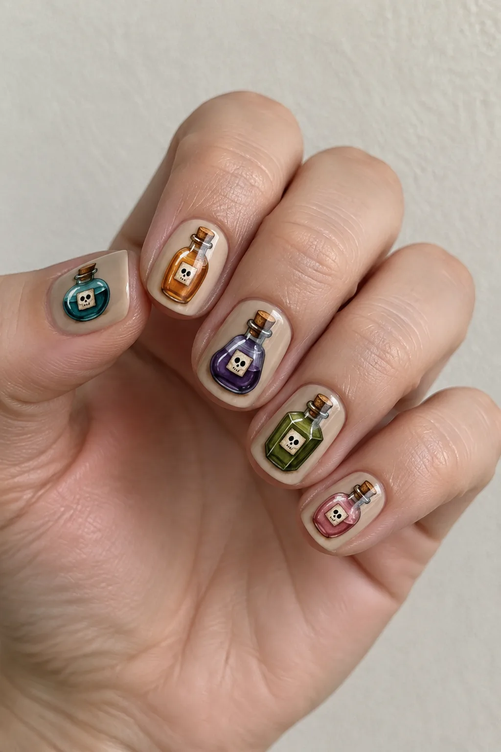 Parchment-colored nails mixed with hand-painted potion bottle designs