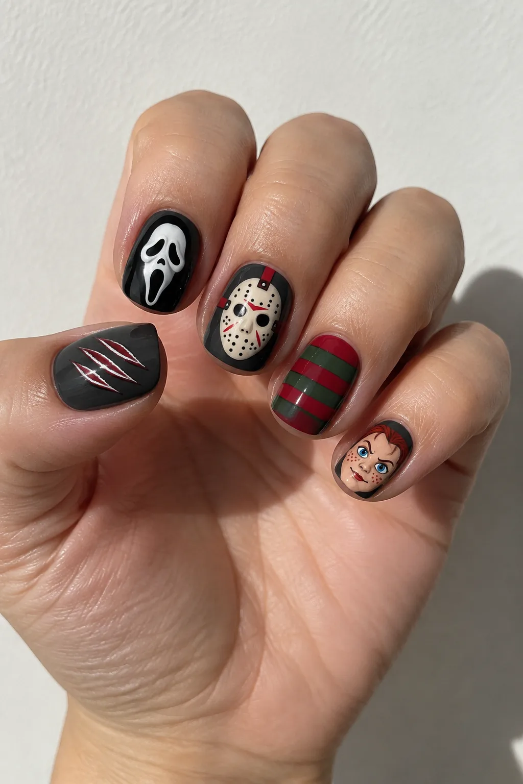 Charcoal short square nails mixed with painted horror movie mask designs