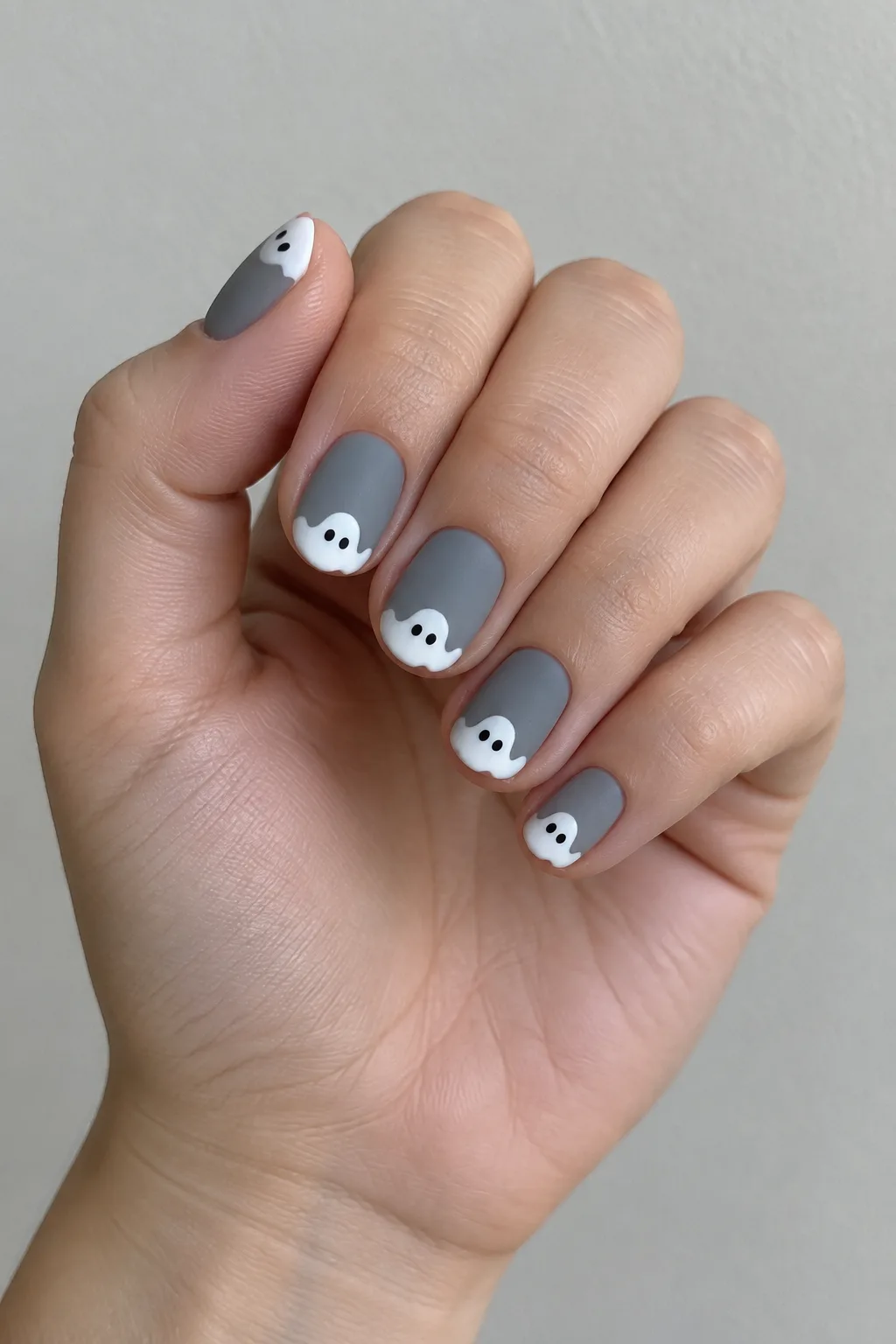 Short round Halloween nails for short nails with ghost-shaped white french tips