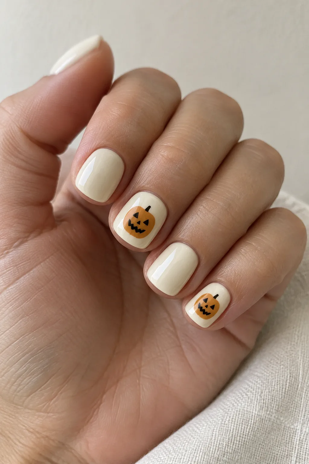 Ivory short square nails painted with tiny smiling jack-o-lantern faces