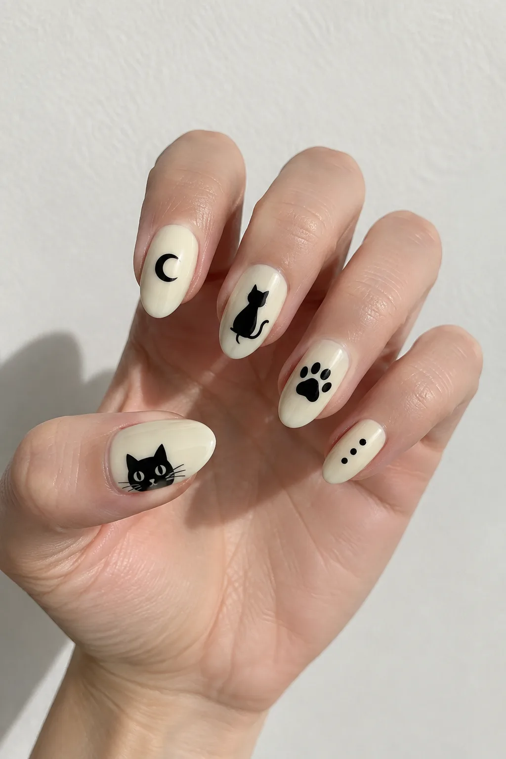 Butter cream short nails mixed with black cat silhouette accent designs
