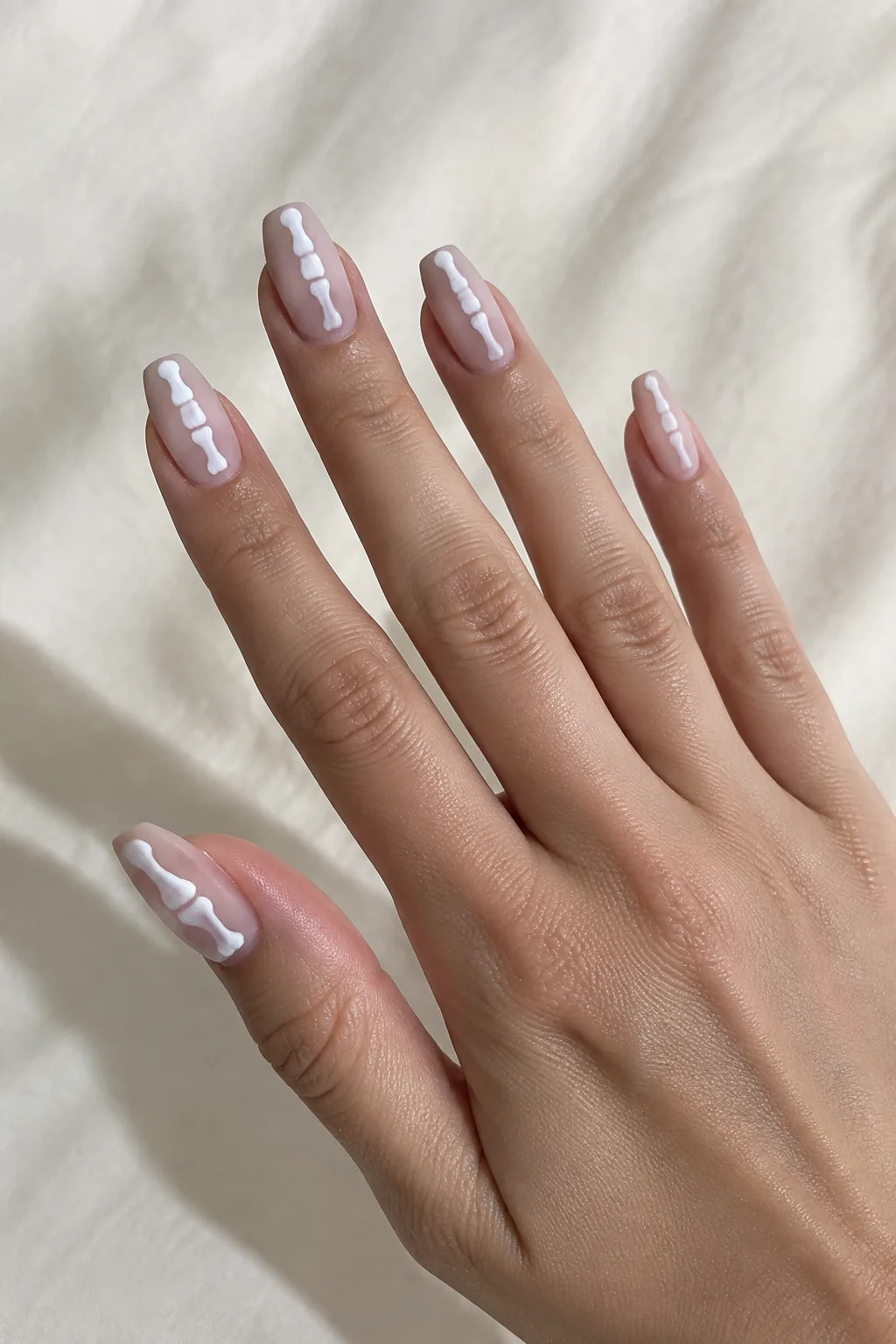 Sheer nude micro coffin nails painted with thin white skeleton bone lines