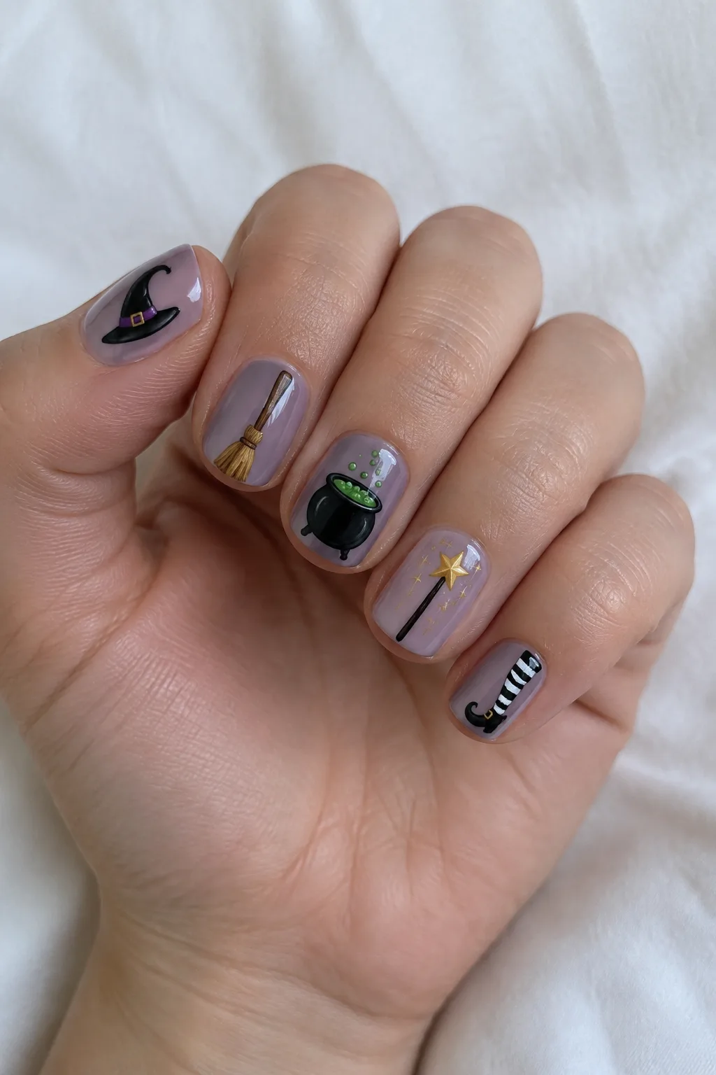 Dusty lilac short nails with mixed witch hat, broom and cauldron icons