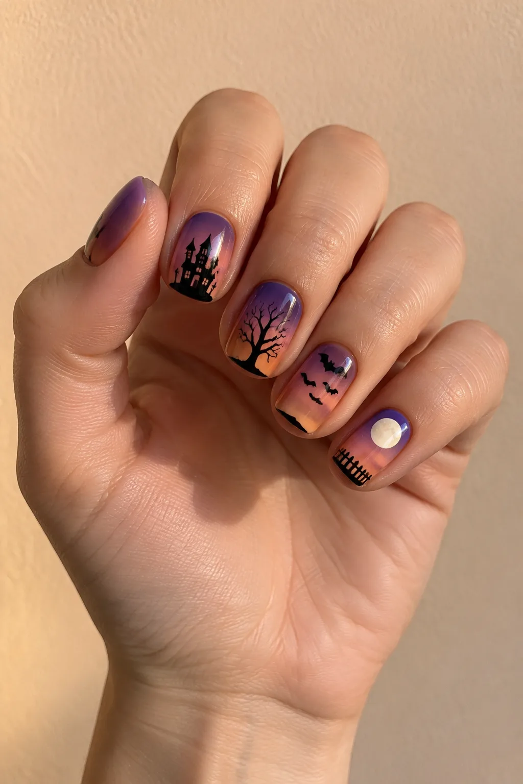 Violet dusk gradient nails featuring a haunted house skyline silhouette