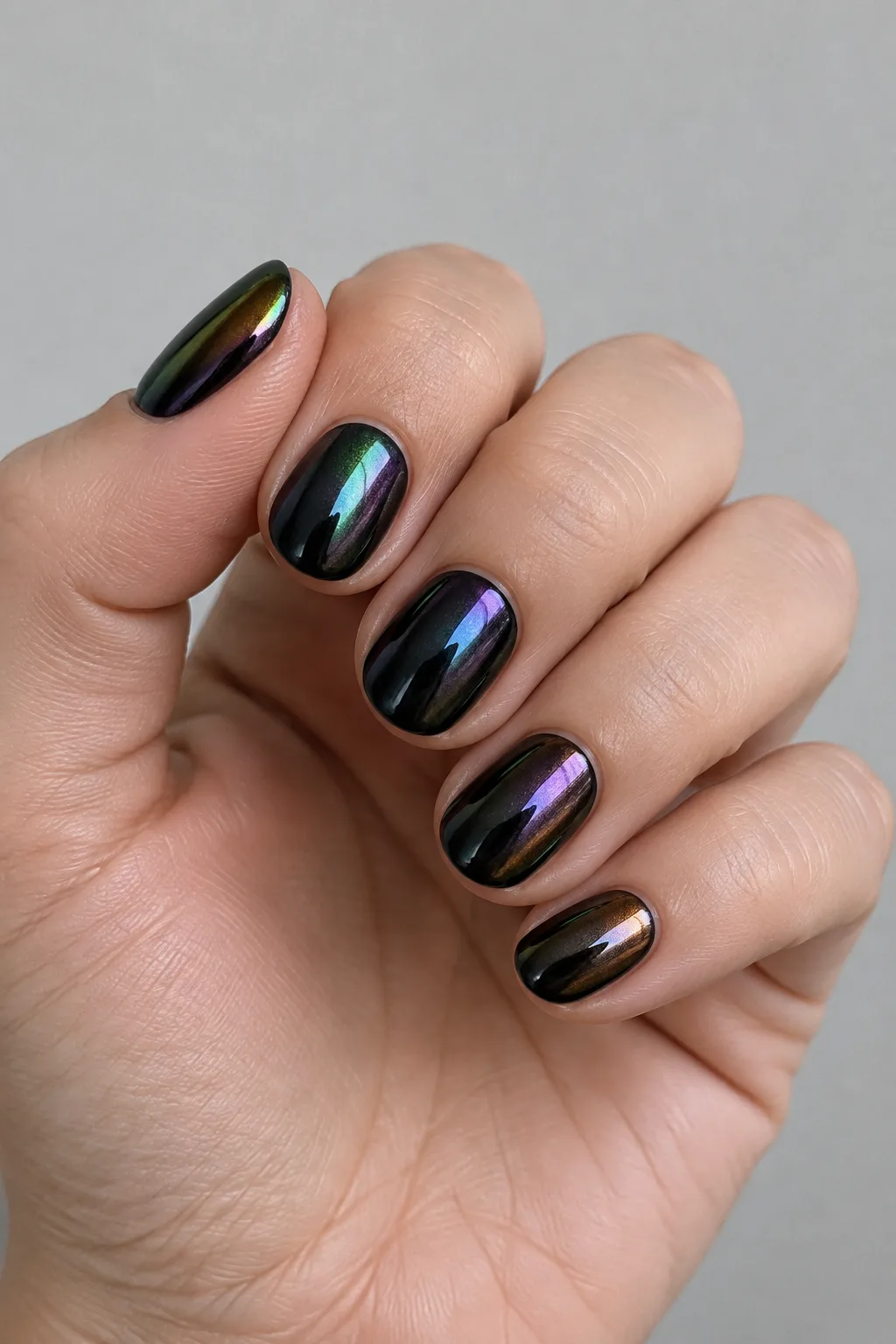 Near-black short nails with an oil slick duochrome color-shifting finish