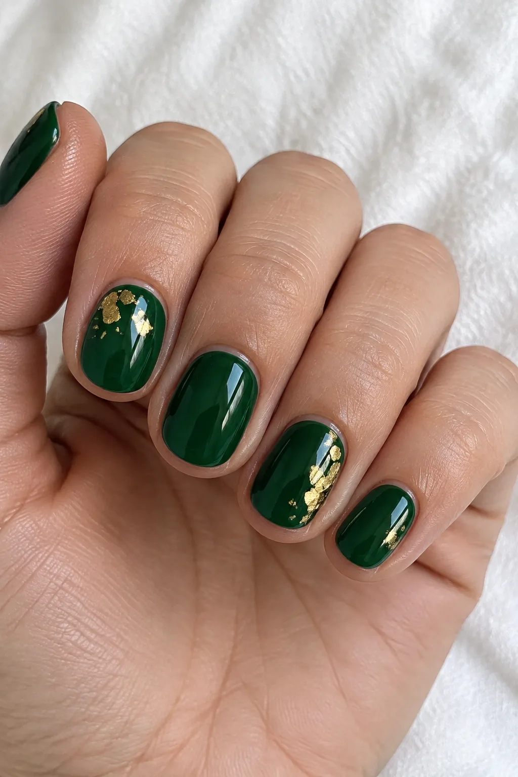 Short round green gel nails with gold foil accents, a shape known to last longer