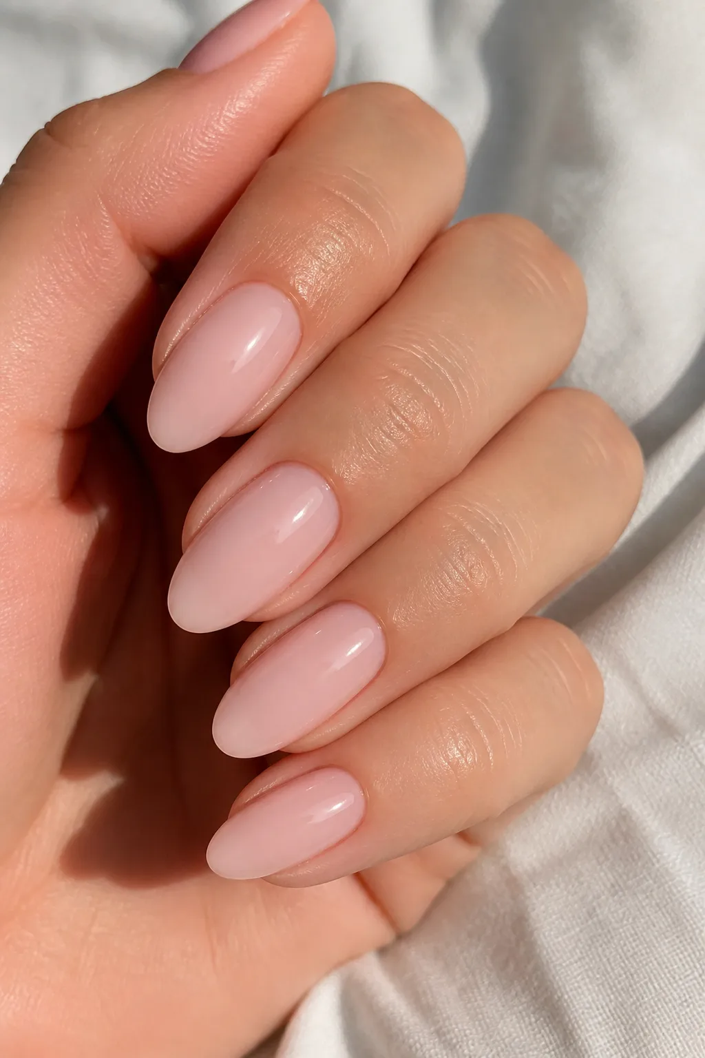 Medium almond nails in milky pink showing the tapered shape for narrow nail beds