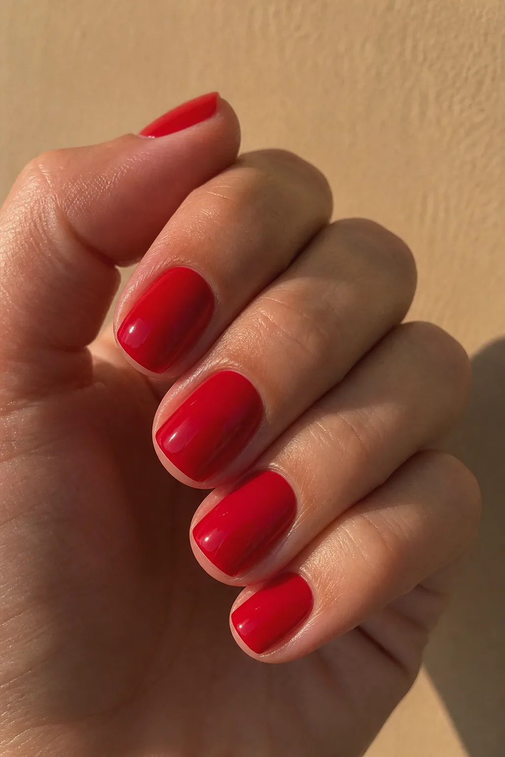 Short squoval nails in cherry red with soft corners for wide nail beds