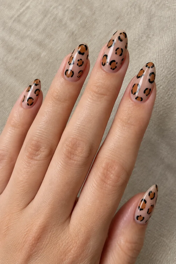 Caramel leopard print nails for autumn on medium almond nails with black outlines