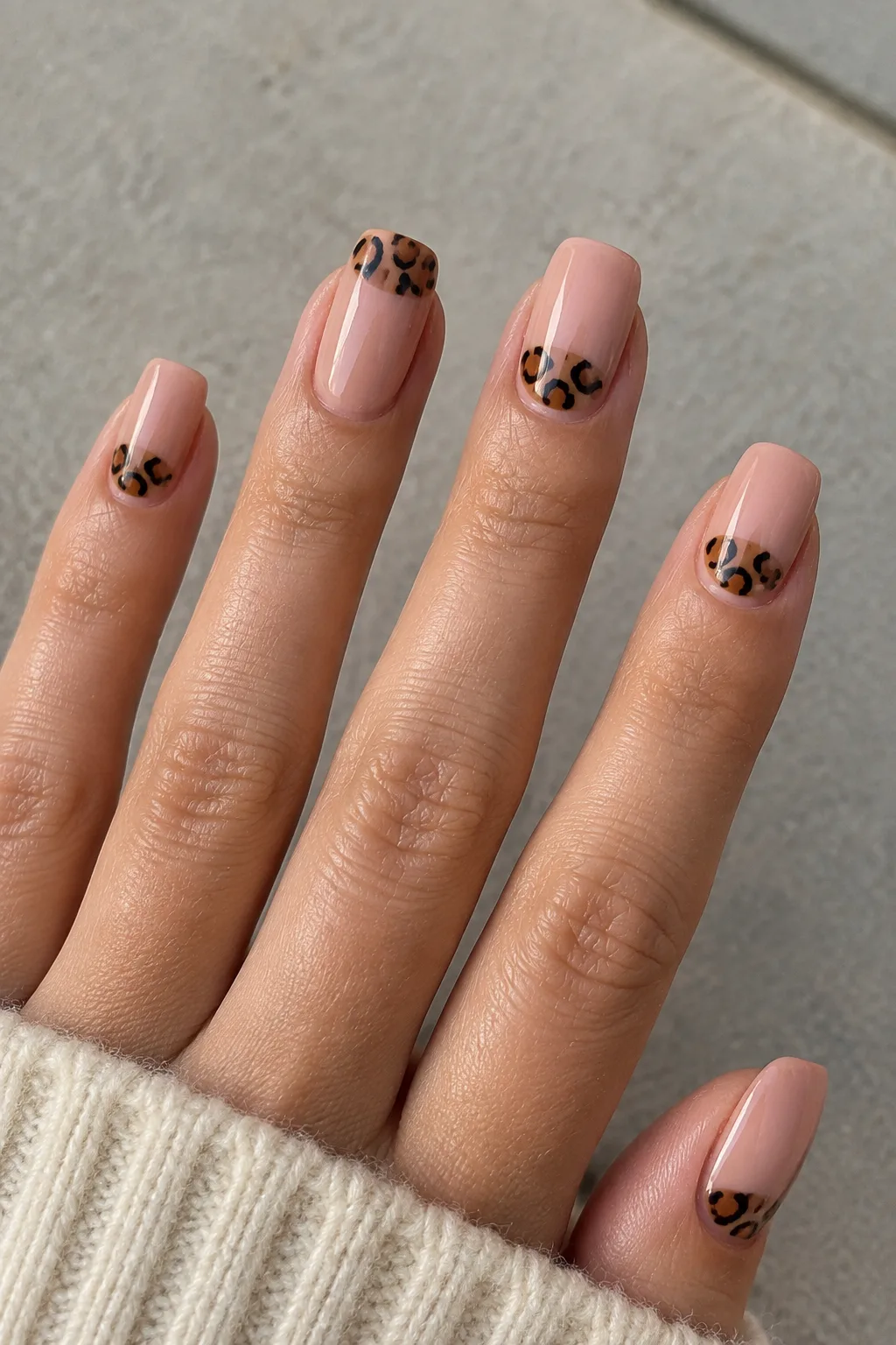 Half moon leopard print nails for autumn on medium squoval nails