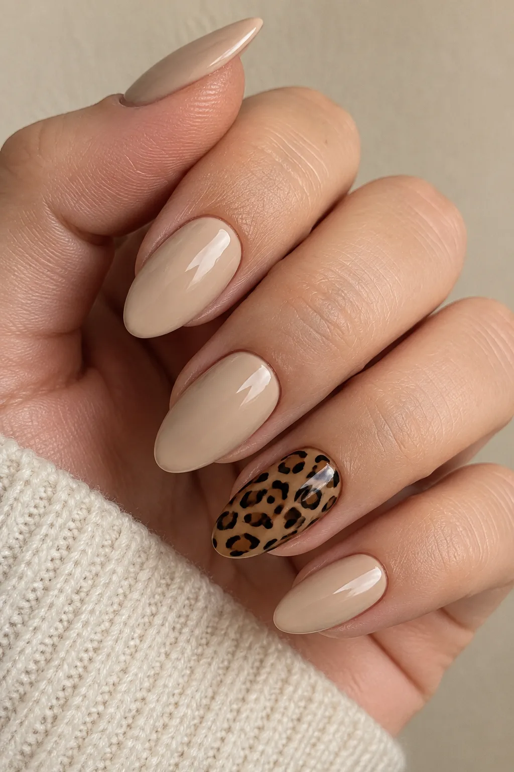 Latte beige autumn nails with one leopard print accent nail