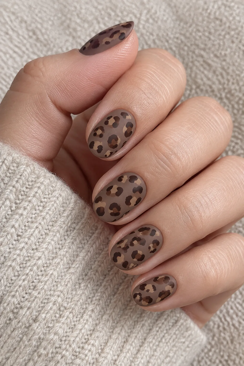 Matte mocha leopard print nails for autumn on short round nails