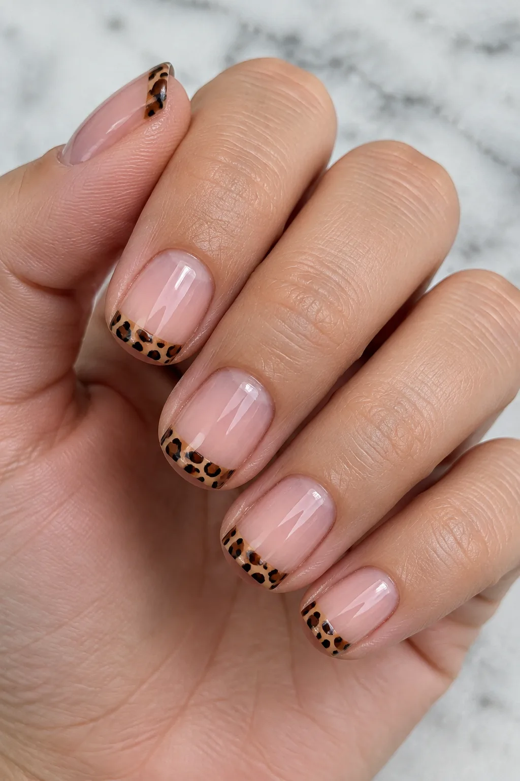 Short square autumn nails with leopard print tips in caramel and black