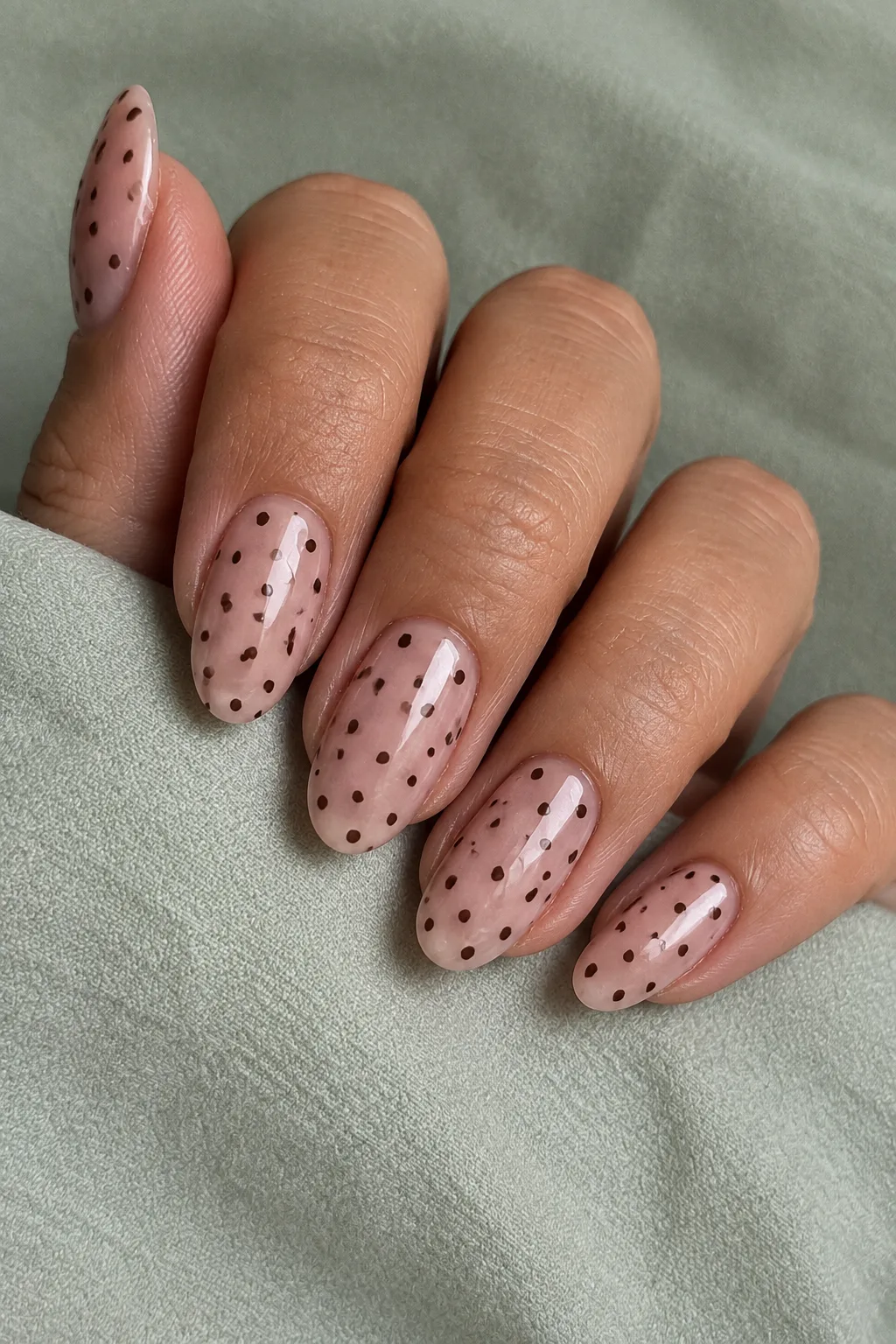 Micro cheetah print nails for autumn on sheer nude short almond nails