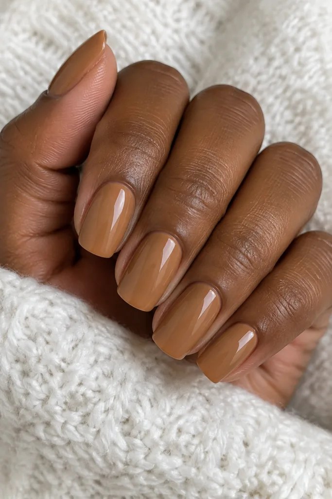 Caramel cream squoval manicure, a classic nude nails idea for deep skin tones