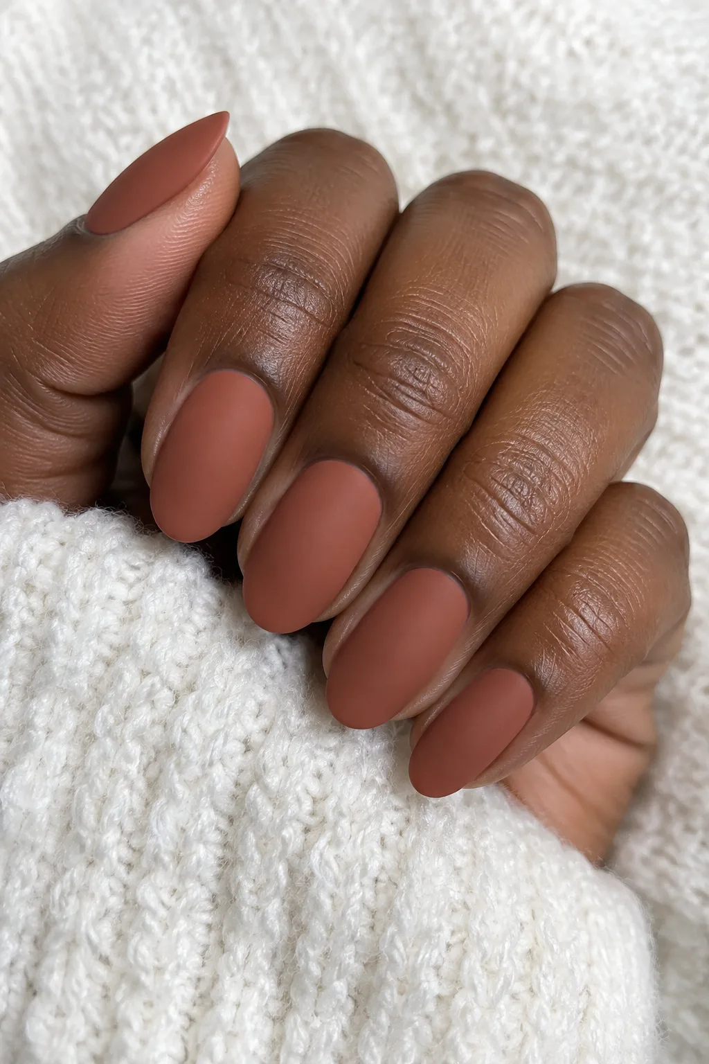 Matte clay-toned polish on medium oval nails