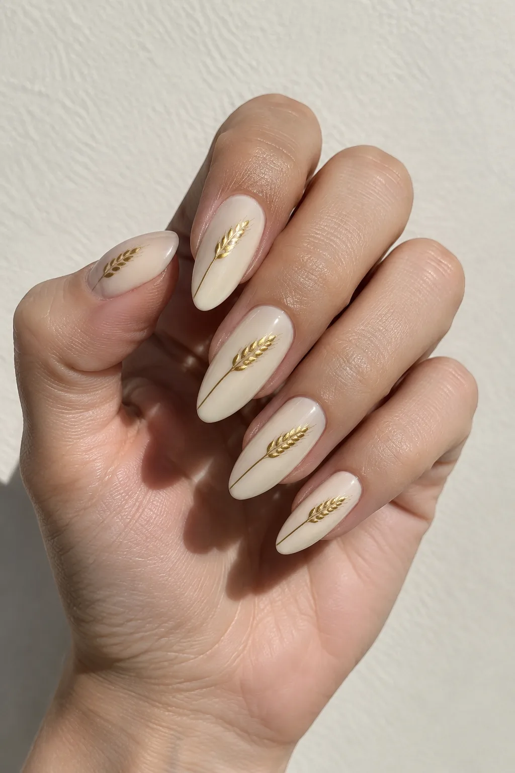 Long almond nails hand painted with golden wheat stalk designs