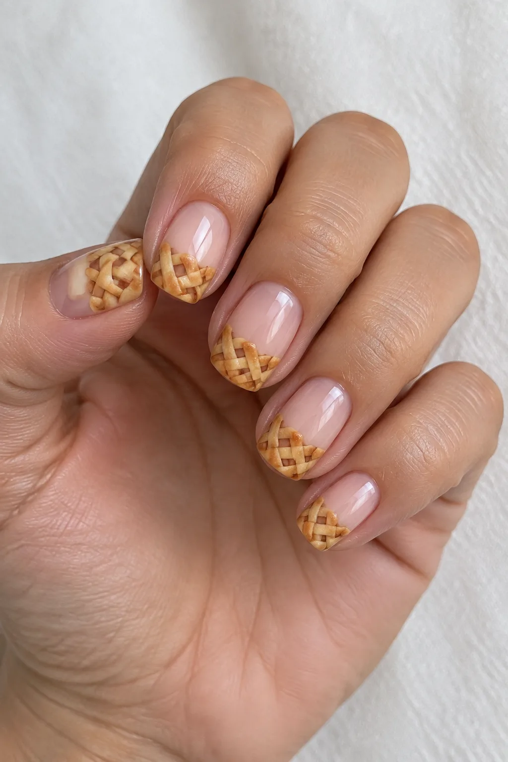 Short squoval nails with a pie crust lattice design over a French tip