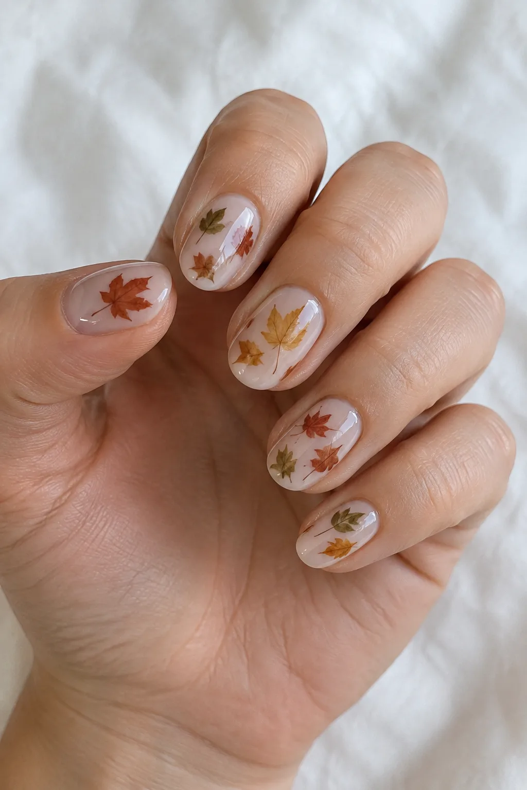 Short oval nails with a pressed autumn leaf sealed under glossy top coat