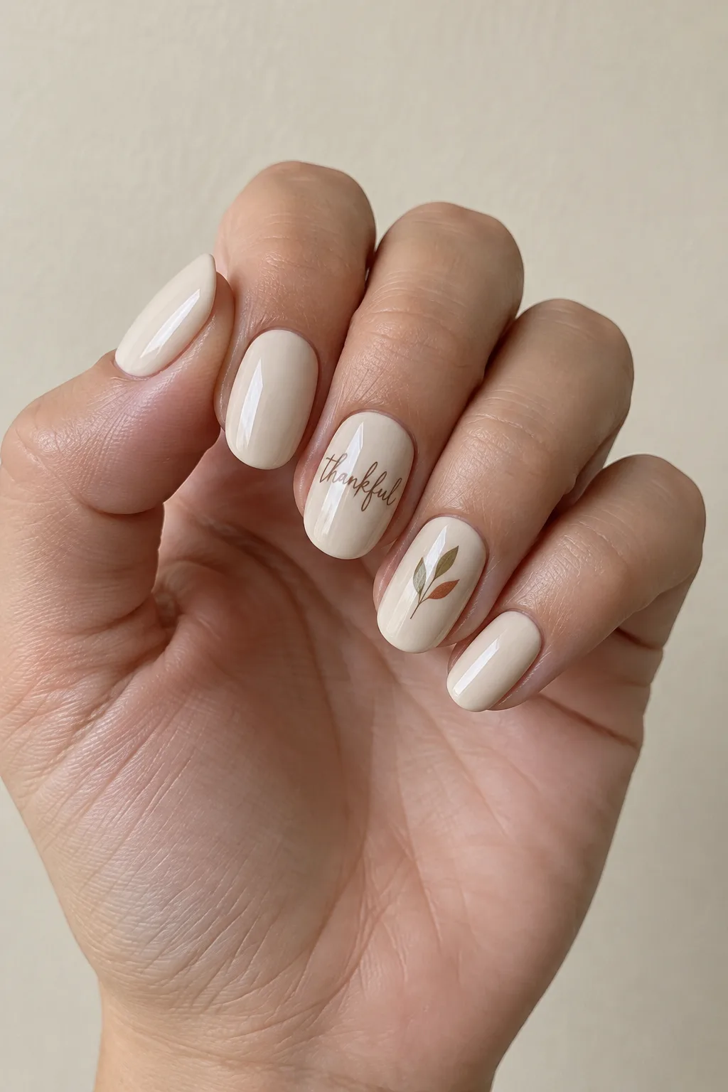 Medium round nails with cursive thankful script lettering accent