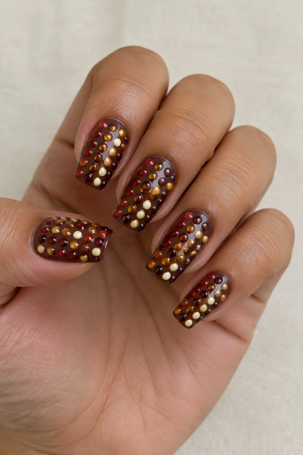 Short coffin nails in red, amber and cream mimicking flint corn kernels