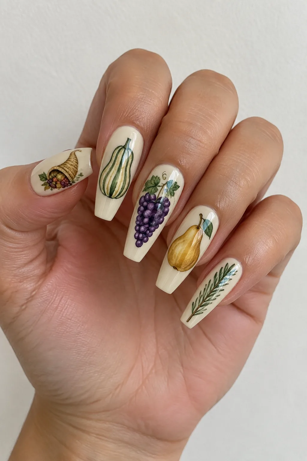 Long coffin nails with mix-and-match cornucopia, gourd and grape art