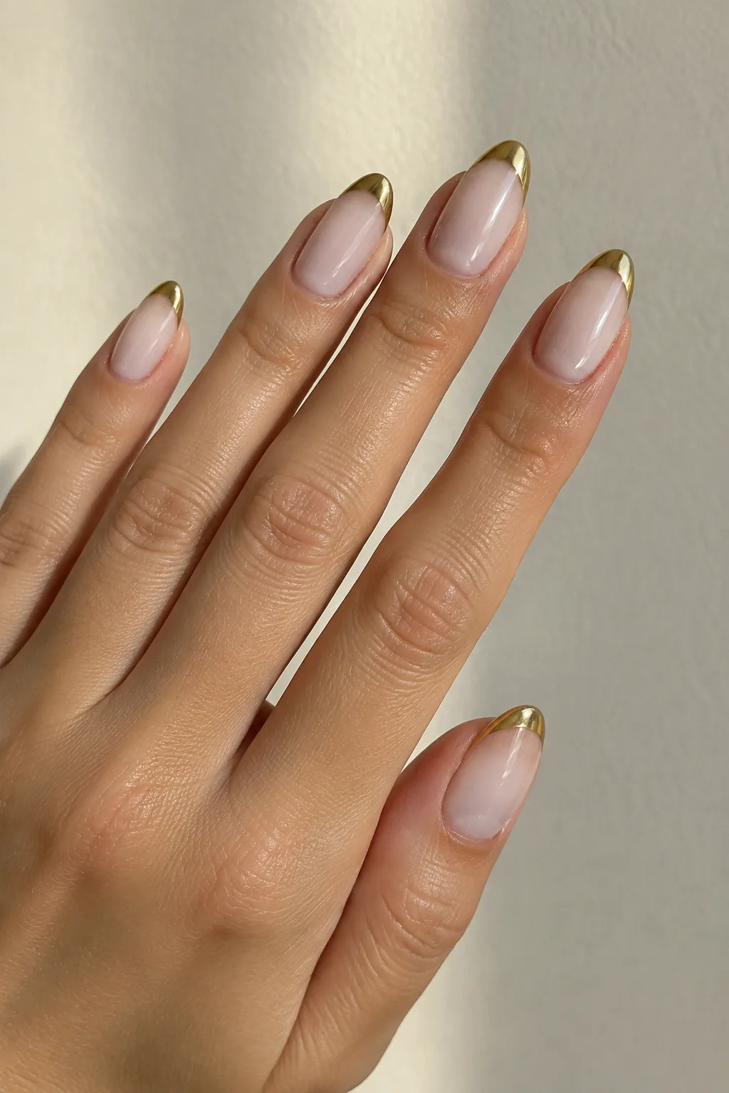 Gold chrome French tip Thanksgiving nails on medium almond shape