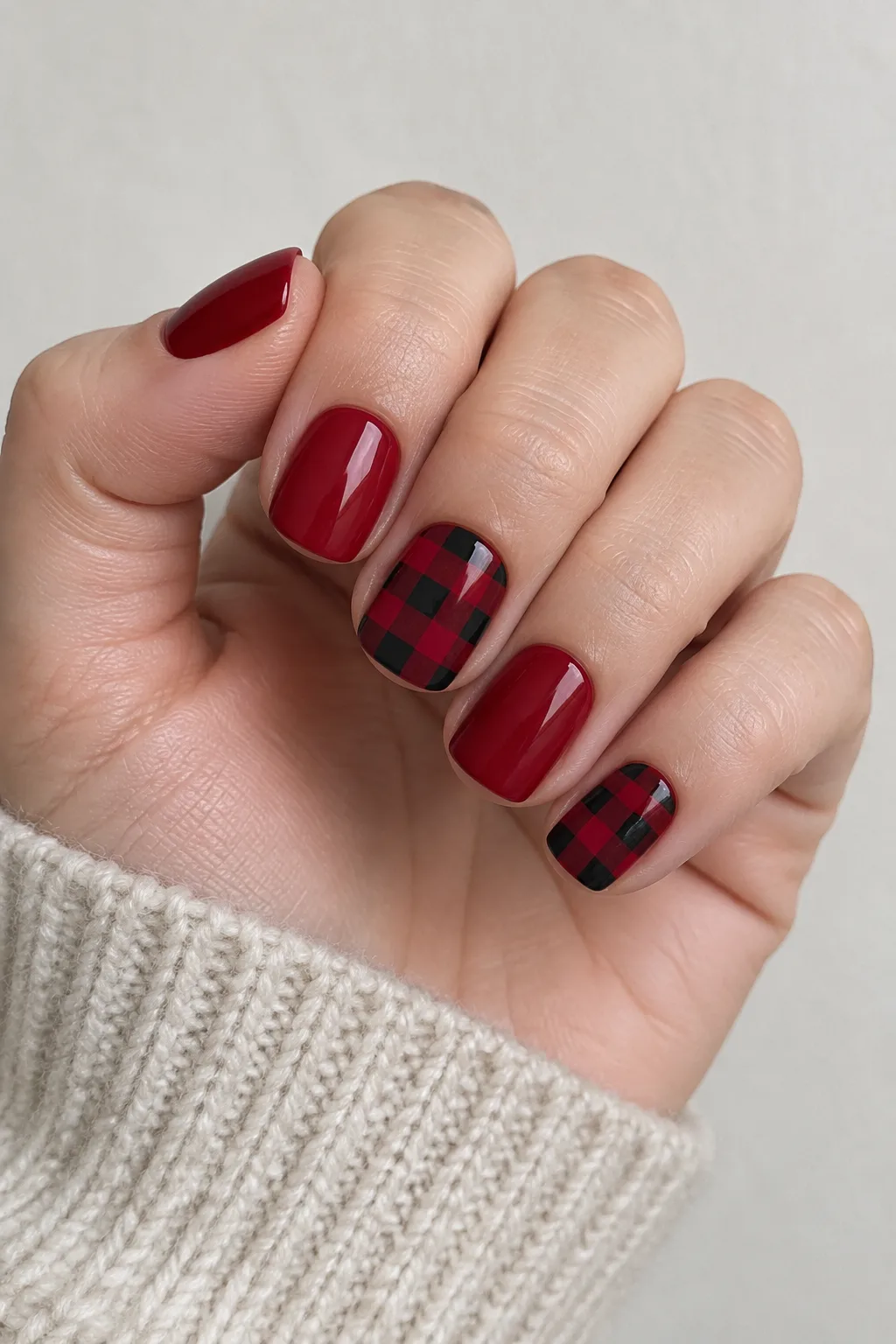 Short square nails painted in cranberry buffalo check plaid pattern