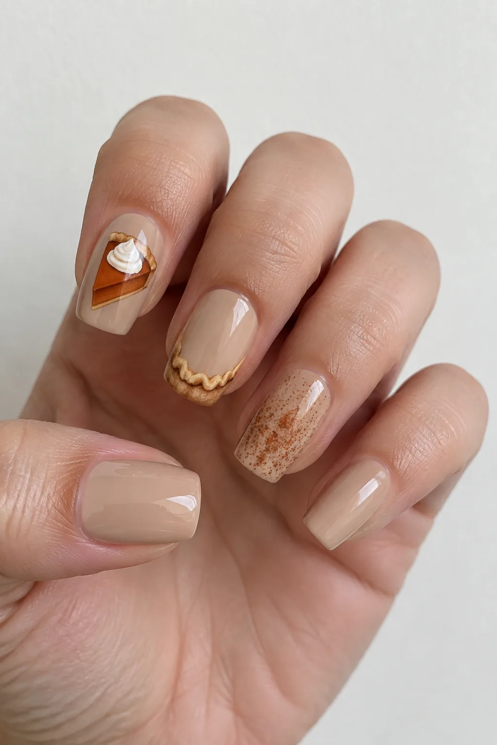 Medium square nails with hand painted pumpkin pie slice art on a cream base