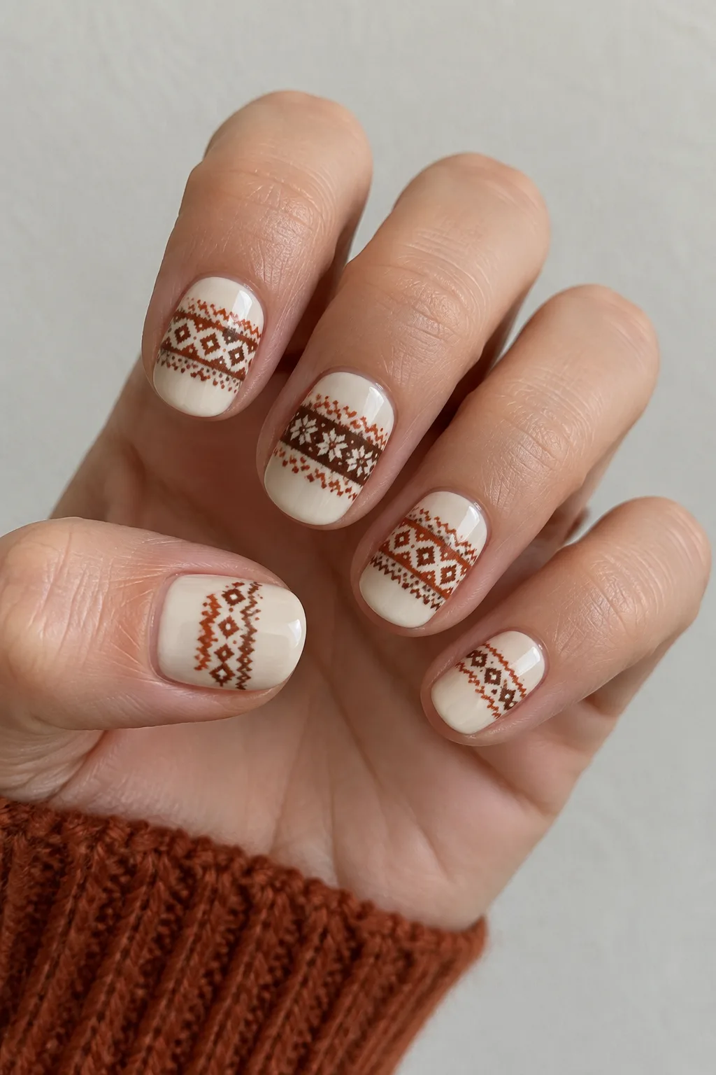 Short round nails featuring a fair isle knit sweater pattern in autumn colors