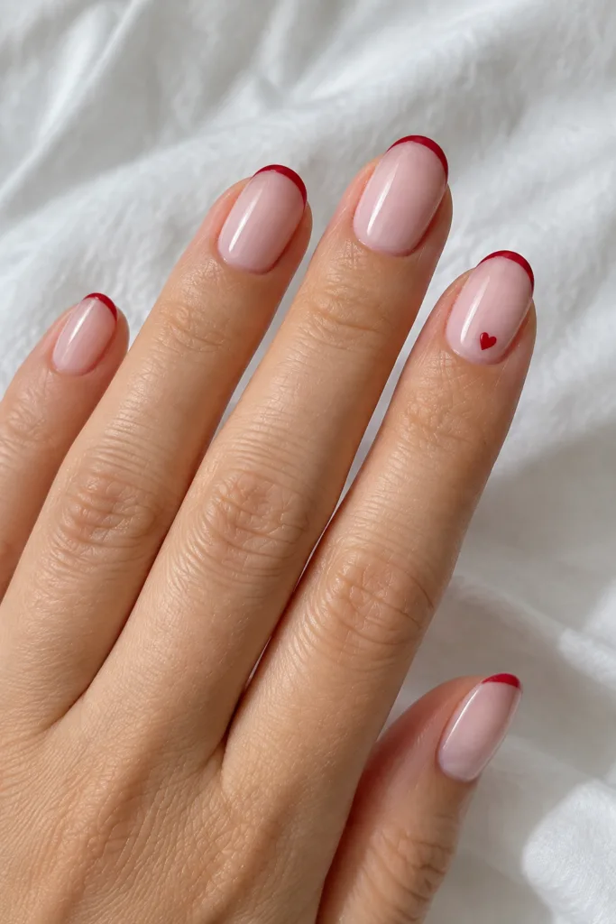 Valentine's Day nails for short nails: milky pink with tiny red hearts and skinny red french tips