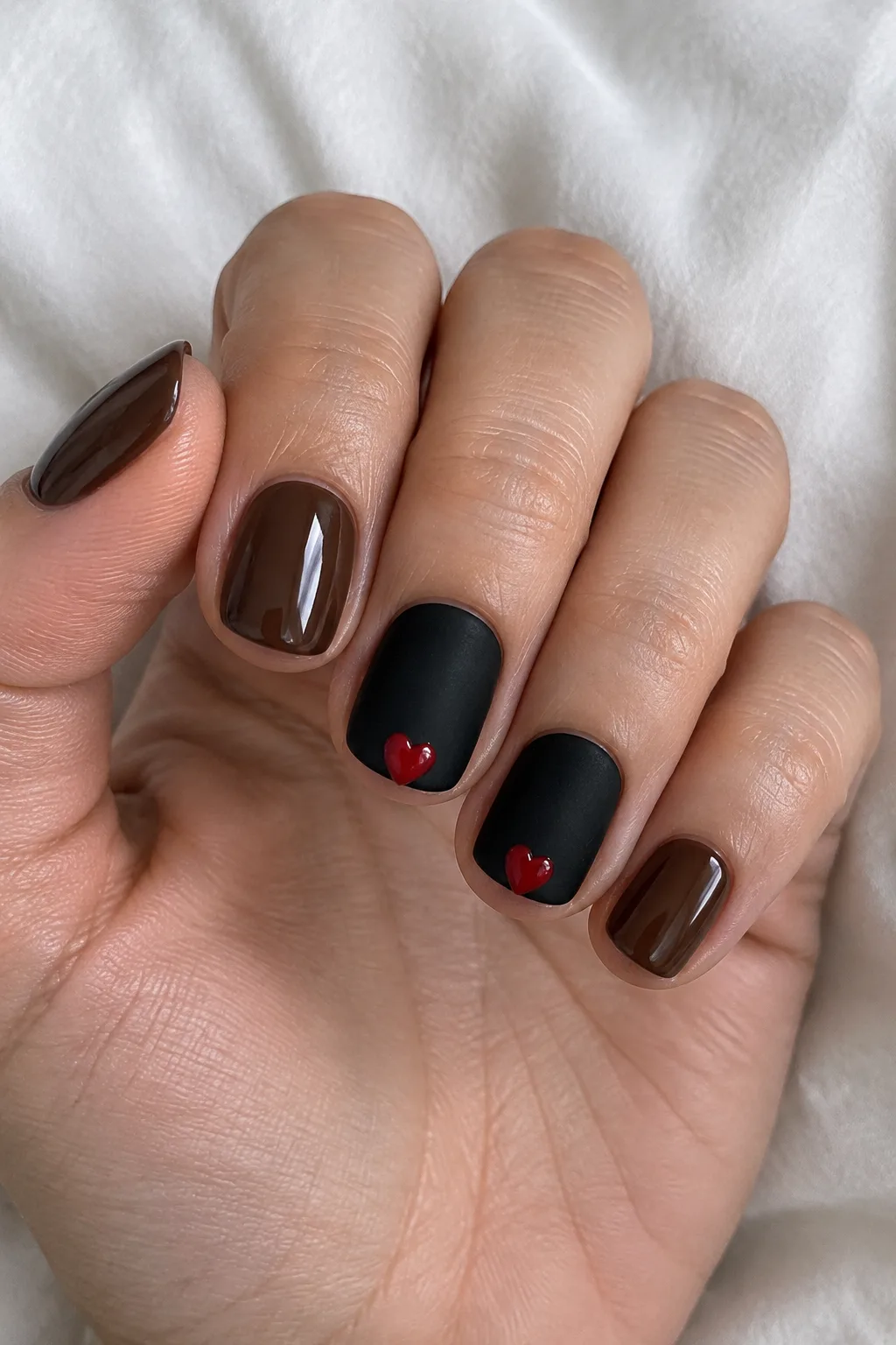 Matte black short nails with one glossy red heart accent on the ring finger