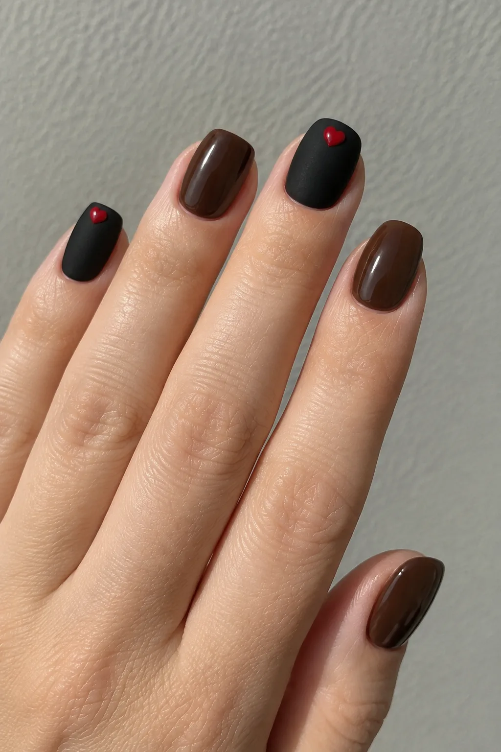 Easy 5-minute Valentine's Day nails for short nails in matte black with a glossy red heart accent
