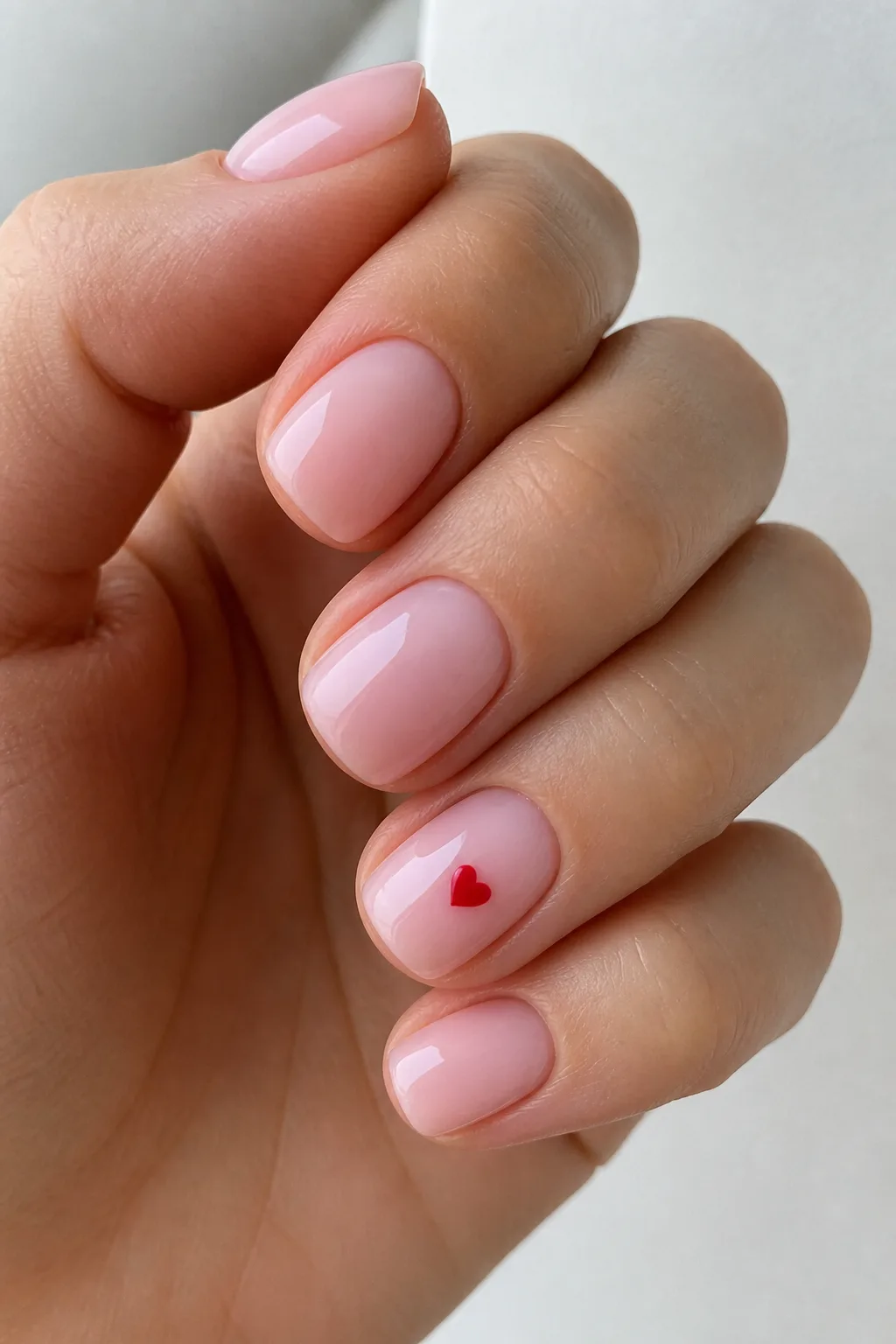 Valentines day nails short nails: milky pink short squoval nails with tiny red hearts